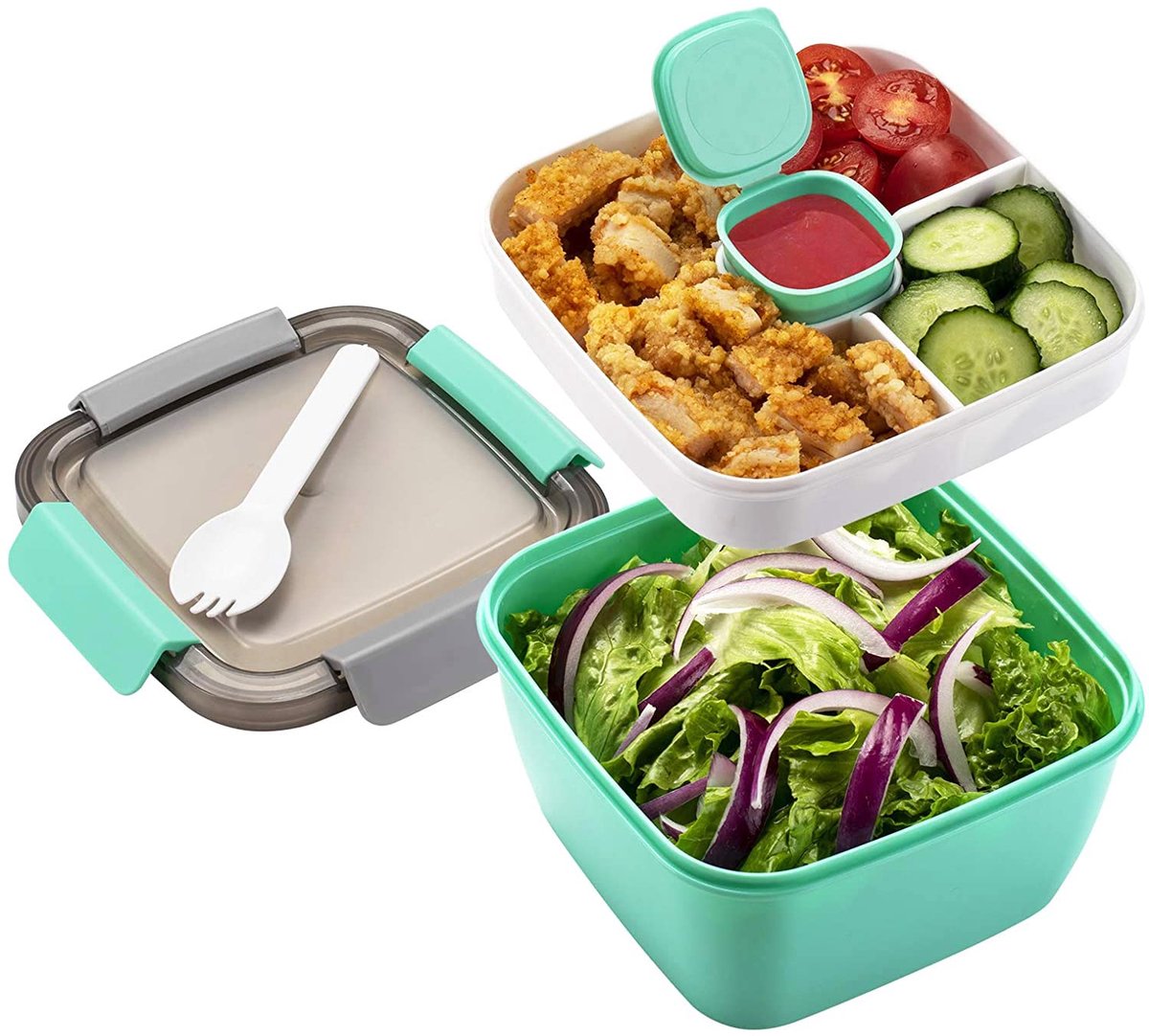 Lunch box - Compartmentalized lunch box - Bento box - Salad lunch box - Salad bowl lunch box - Fruit box for school, work, picnics and travel - 1500 ml 17.4 x 17.4 x 9.6 cm - Vegetables - Image 1