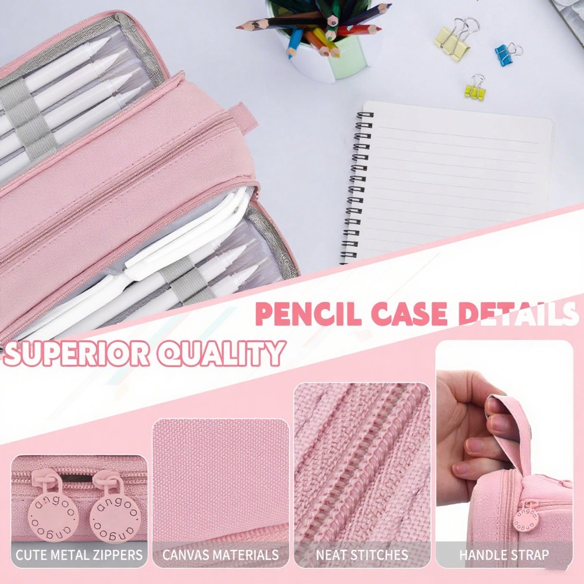 Pencil Case - Pencil Case - Pencil Case for Boys and Girls - Multifunctional Compartment Pencil Case - School Supplies - 22x11x9.5cm - Pink - Image 7