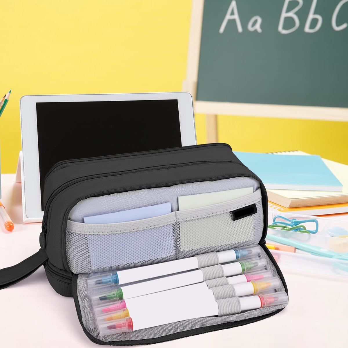 Pencil case - Pencil case - Pencil case for boys and girls - Multifunctional pencil case with compartments - School supplies - 22x11x9.5cm - Black - Image 3
