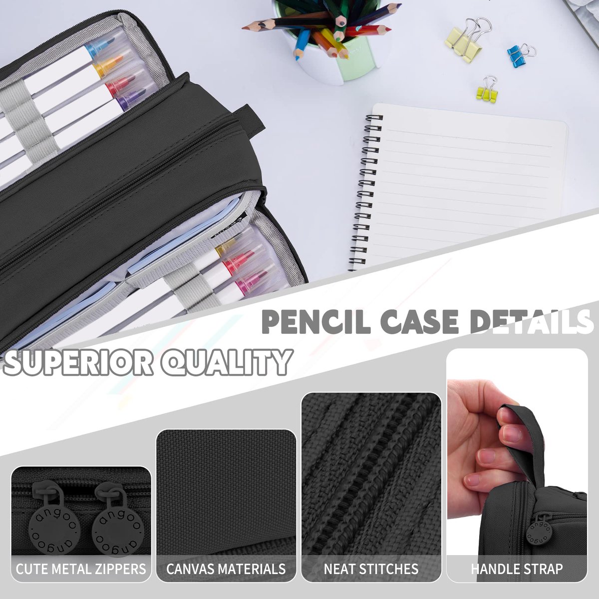 Pencil case - Pencil case - Pencil case for boys and girls - Multifunctional pencil case with compartments - School supplies - 22x11x9.5cm - Black - Image 5
