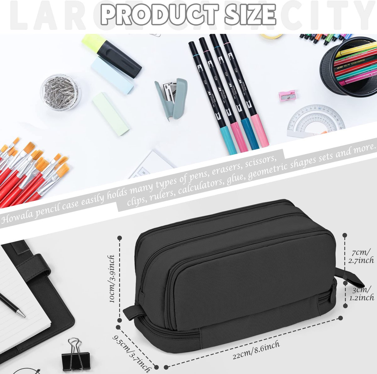 Pencil case - Pencil case - Pencil case for boys and girls - Multifunctional pencil case with compartments - School supplies - 22x11x9.5cm - Black - Image 6