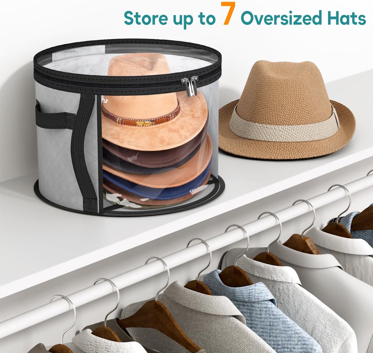 Storage Box - Extra Large Clear Hat Storage Bag - Holds up to 7 Hats - Cowboy Hat Wardrobe Storage Bag - Wide Brim Hat Box with Handle - (Grey) - Image 3