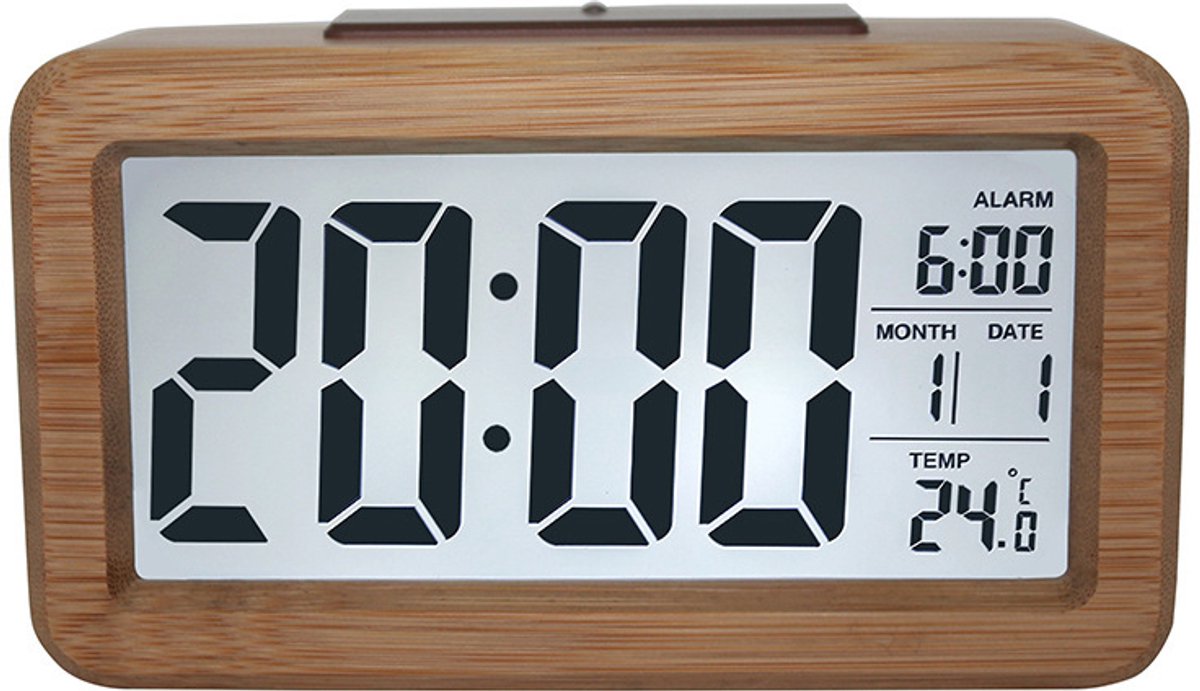 Wekker digital alarm clock, wooden, with sensor module, large screen, desk clock, date and temperature display, night light, digital clock with snooze module (batteries not included) - Image 1