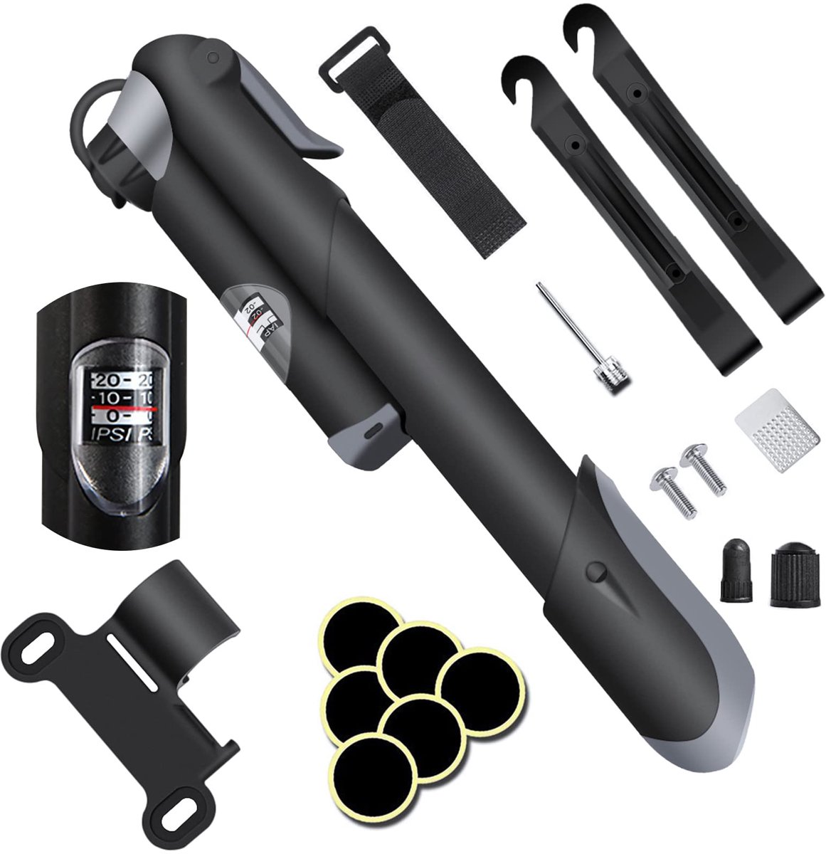 Hand pump - Bicycle pump with pressure gauge - Mini portable bicycle pump - Mini bicycle pump for all bicycles - Balloon pump with needle - Glue-free repair kit - Suitable for Presta and Schrader valves - Black - Image 1