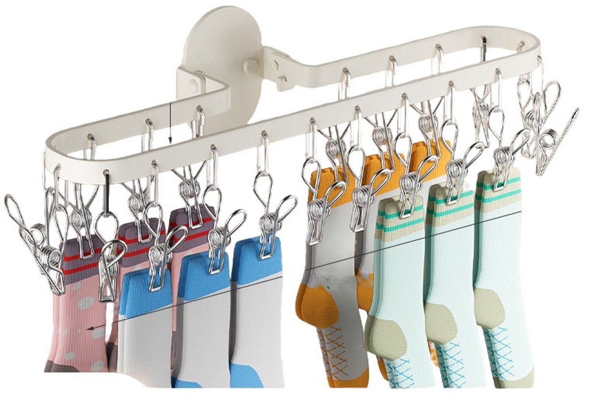 Wall-mounted folding clothes dryer - Space-saving - No need for extra hangers - Foldable design - 20 integrated clips - For drying socks/underwear - Suitable for bathroom/balcony - Image 1