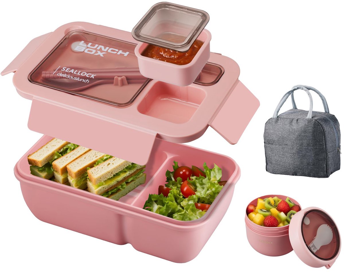 Bento Box - Bento Set with Cutlery - Lunch Bag - Lunch Box - Leakproof Food Container with Compartments - Lunch Box for Kids, School, Office, Picnic - Pink - Image 1