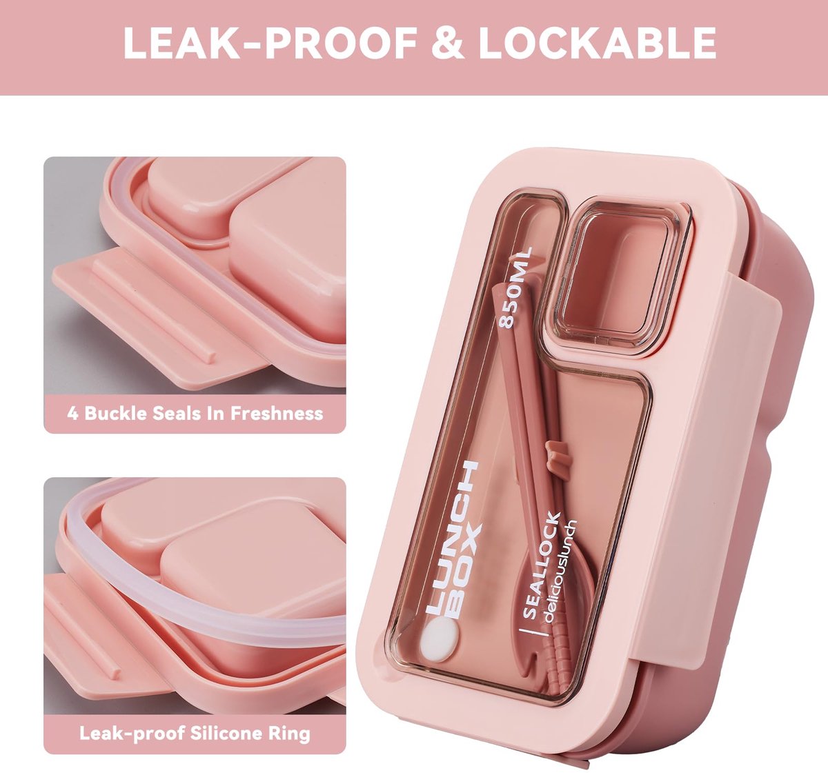 Bento Box - Bento Set with Cutlery - Lunch Bag - Lunch Box - Leakproof Food Container with Compartments - Lunch Box for Kids, School, Office, Picnic - Pink - Image 2