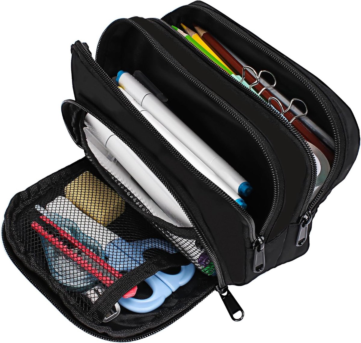 Large black pencil case with 3 compartments for school and office - Image 1