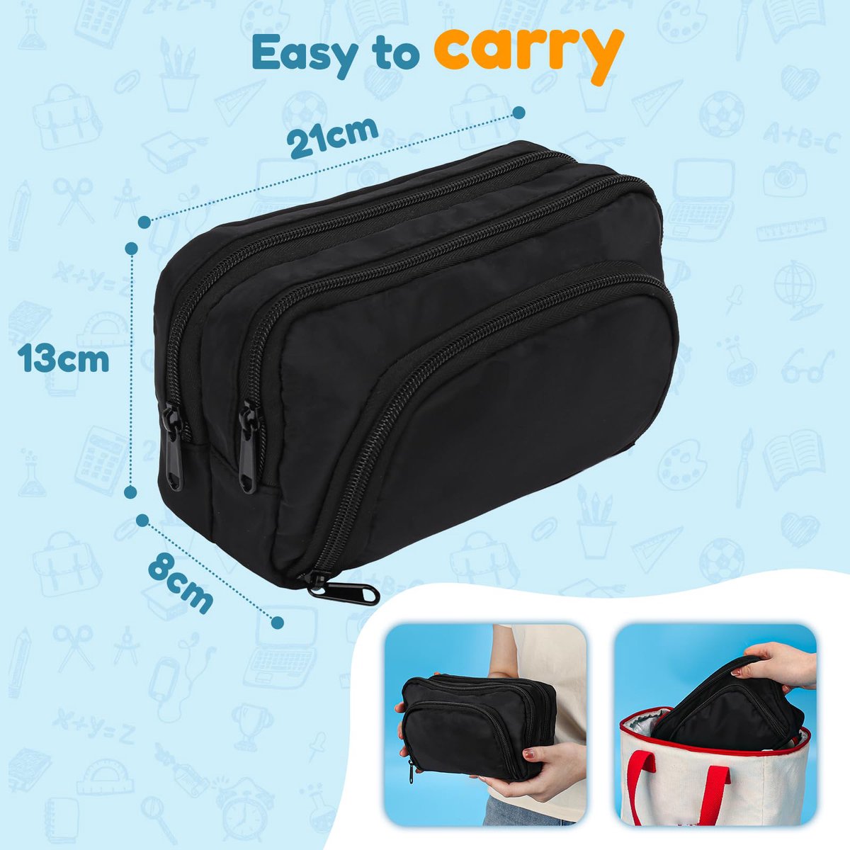 Large black pencil case with 3 compartments for school and office - Image 3