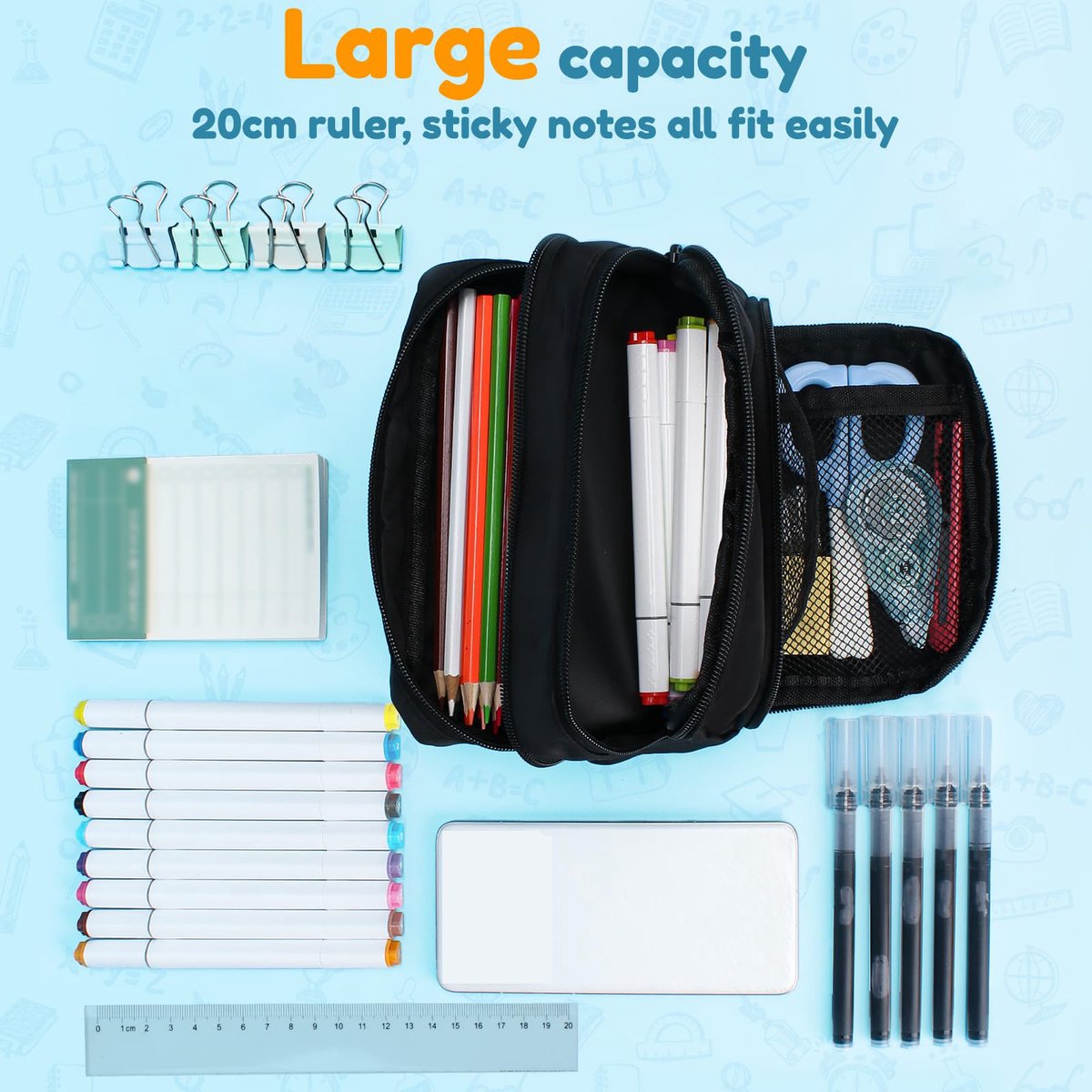 Large black pencil case with 3 compartments for school and office - Image 4