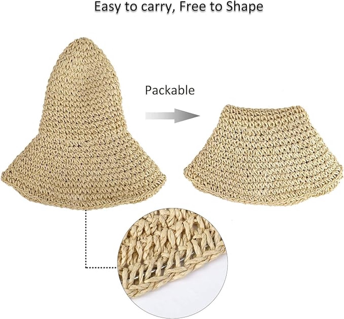 Women's foldable straw hat - Optimal sun protection - Wide brim - Foldable - Holiday decoration - 100% raffia paper (beige) - Image 5
