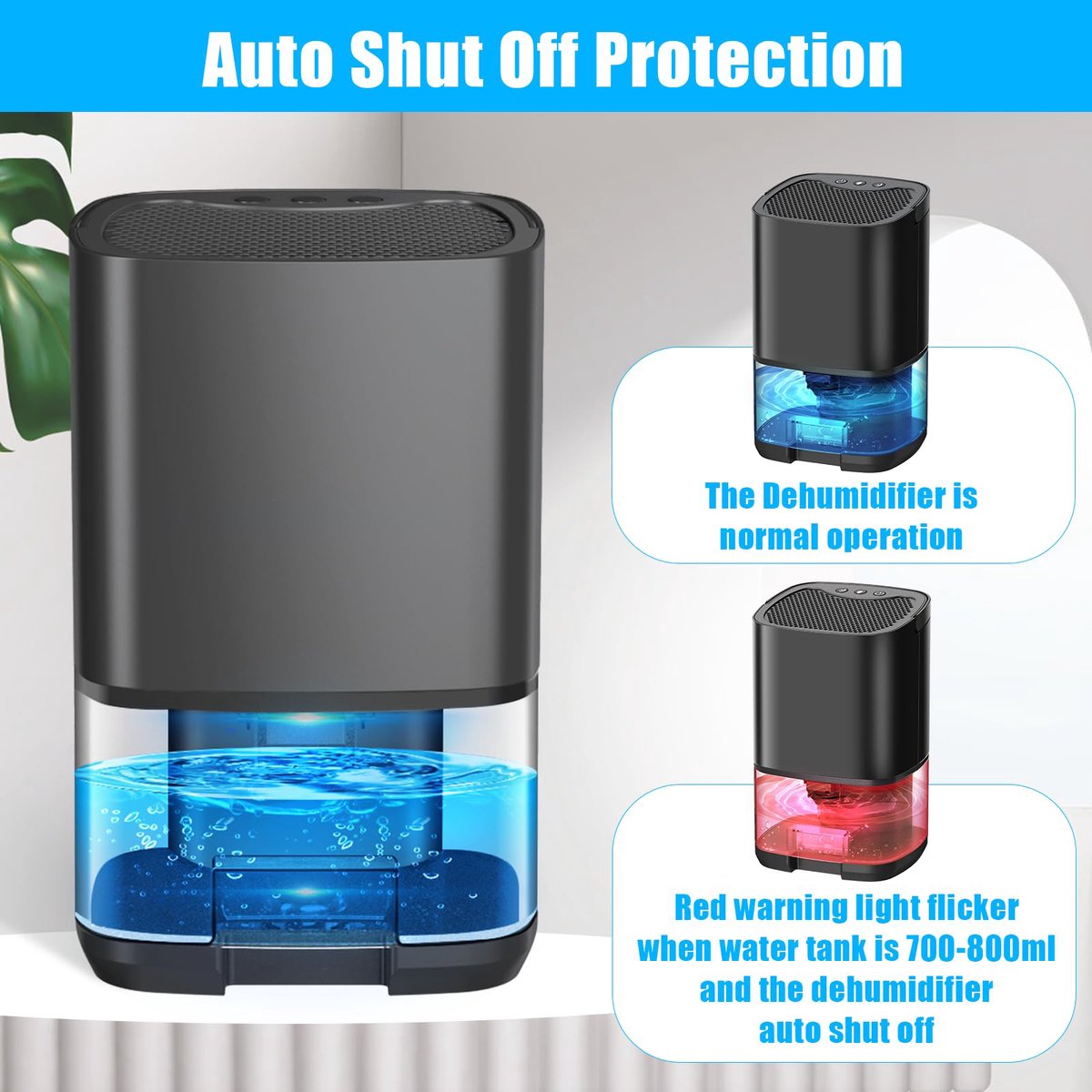 Ultra-quiet smart air dehumidifier - 1L capacity - Dehumidifier for bedroom, bathroom, basement, house - 2 in 1 - Small - Quiet - Black - Image 4