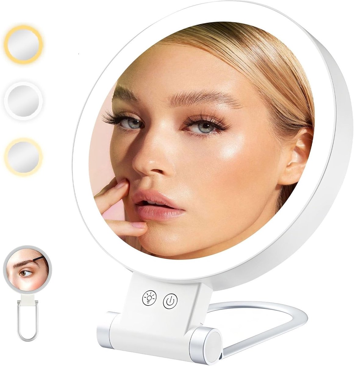 Mirror - Lighted Mirror - Makeup Mirror - 10x Magnifying Mirror - Double-Sided Lighted Makeup Mirror - Adjustable Brightness - Rechargeable and Foldable LED Desktop Mirror - Suitable for Bedroom, Bathroom, and Travel - Wit - Image 1
