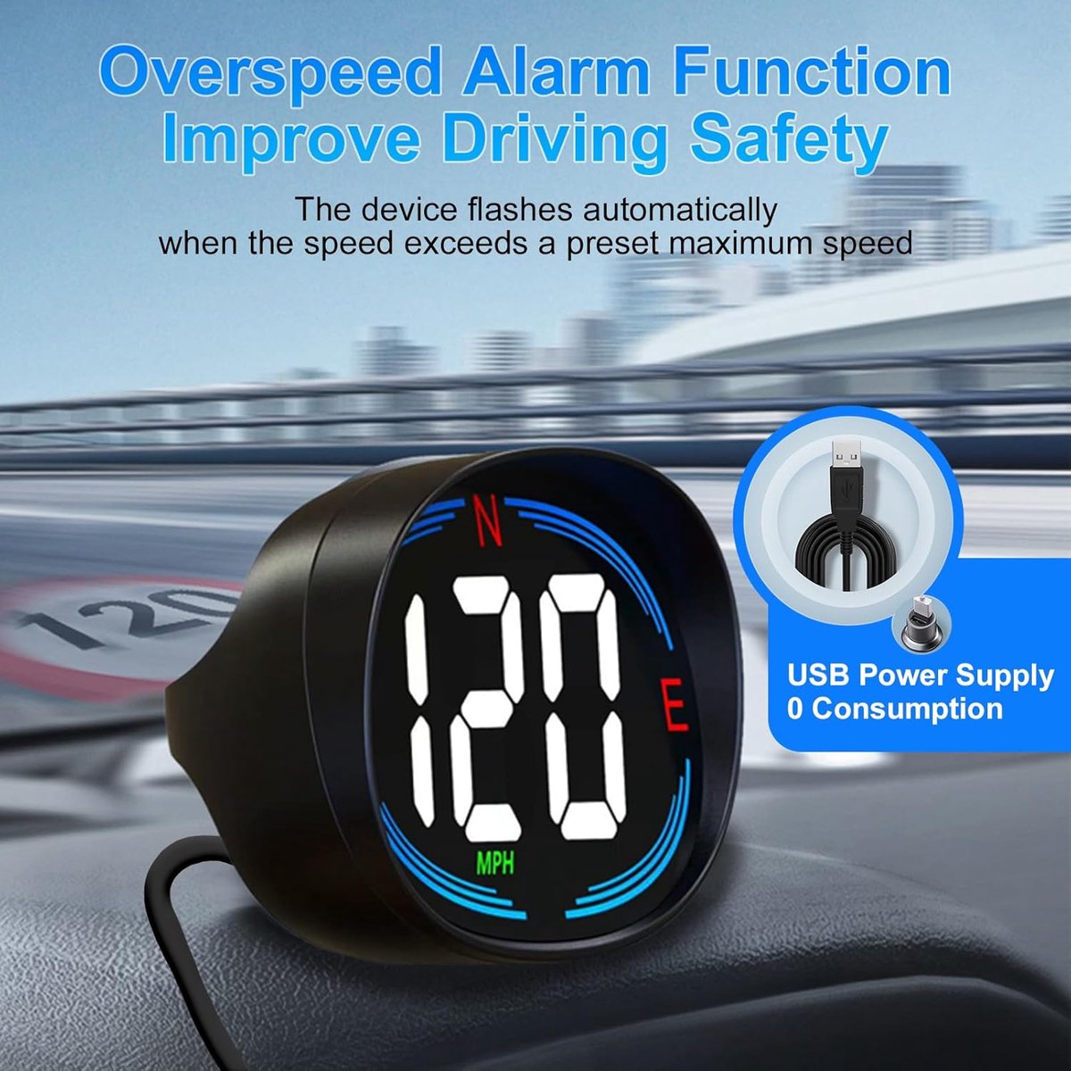 Speedometer - GPS Speedometer - Car Accessories - Universal Head-Up Display - MPH Speedometer - Plug and Play USB Connection - with Compass and Speed Alarm - for all vehicles - Image 4