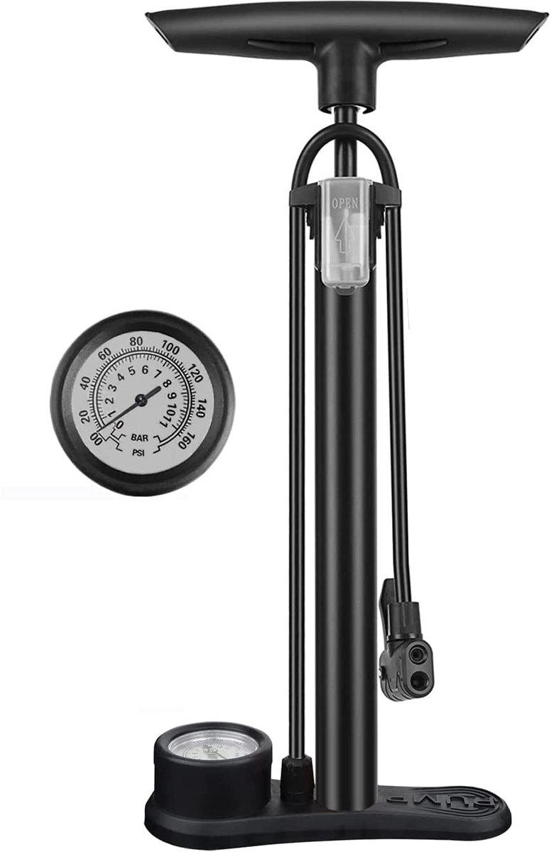 Bicycle pump - Bicycle pump with pressure gauge - Double valve head - Schrader and French valves - Foot pump - Practical for baby on the go or for travel - Black - Image 1
