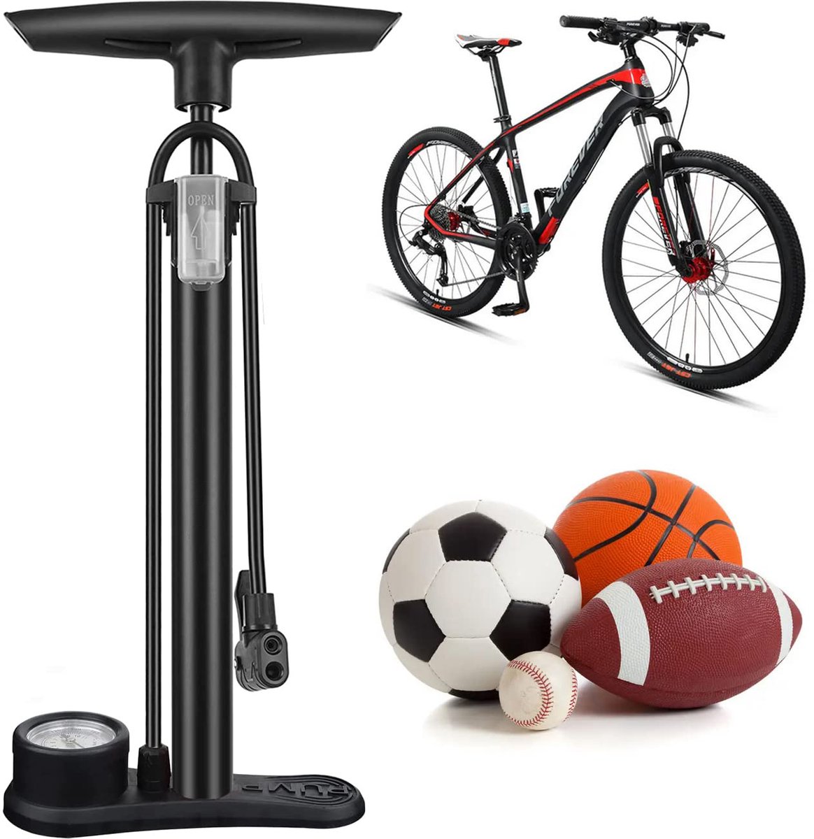 Bicycle pump - Bicycle pump with pressure gauge - Double valve head - Schrader and French valves - Foot pump - Practical for baby on the go or for travel - Black - Image 5