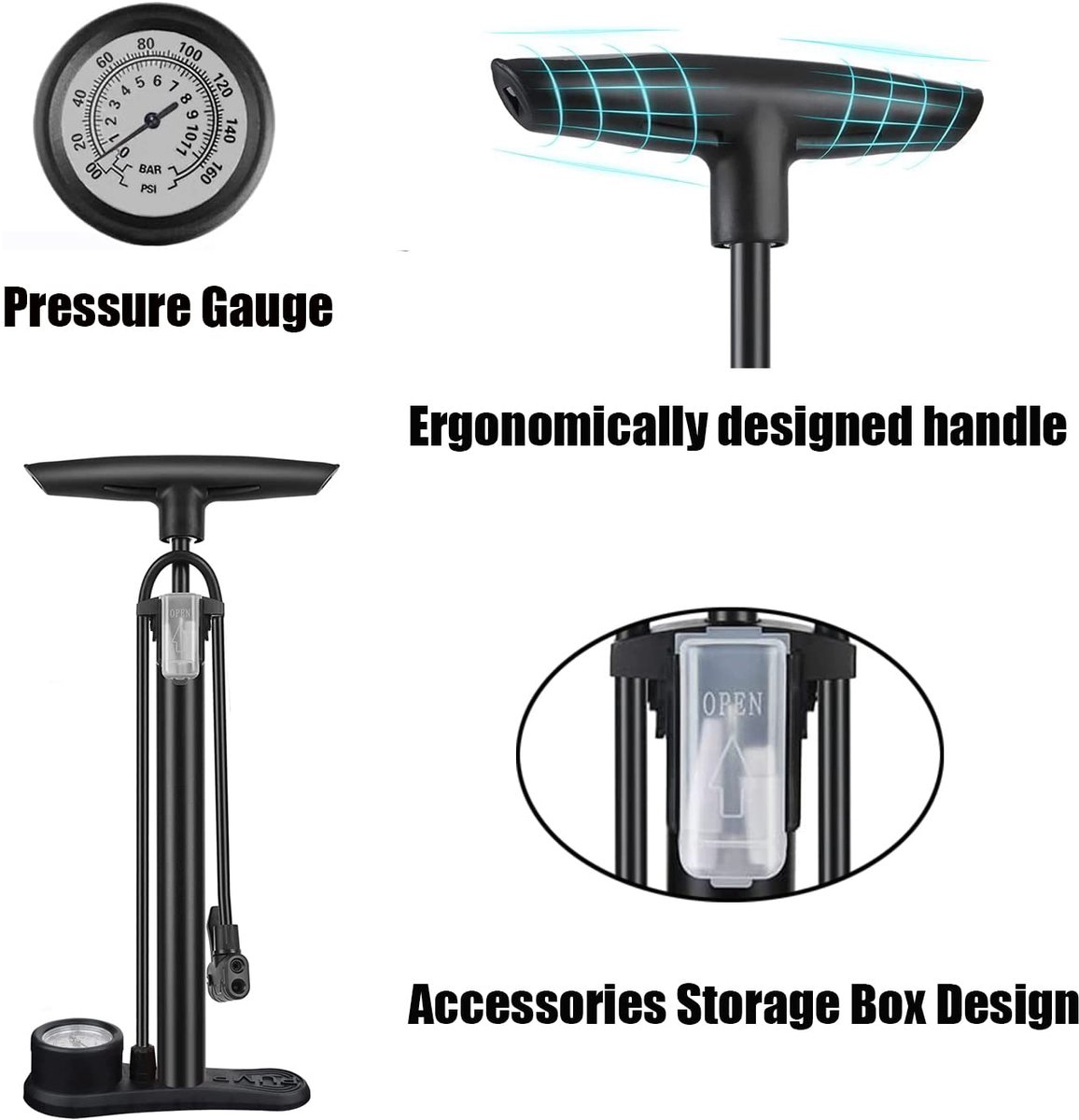 Bicycle pump - Bicycle pump with pressure gauge - Double valve head - Schrader and French valves - Foot pump - Practical for baby on the go or for travel - Black - Image 7