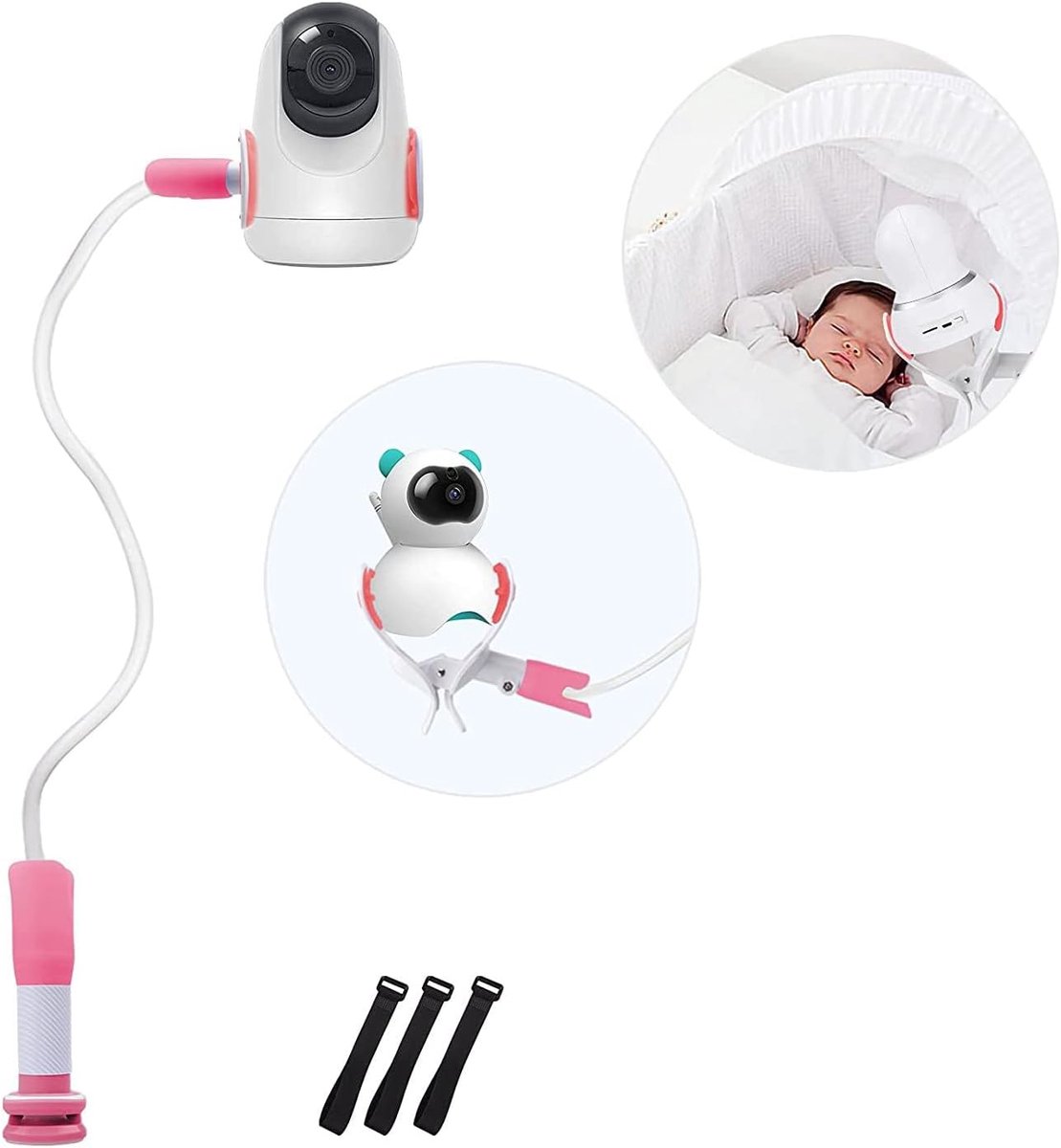 Babyfoon Camera Mount, Camera Holder, Baby Monitor Mount with 3 Straps, No Drilling Required, Flexible and Adjustable, Universal Baby Monitor Mount, Compatible with Most Baby Monitors (Pink) - Image 1