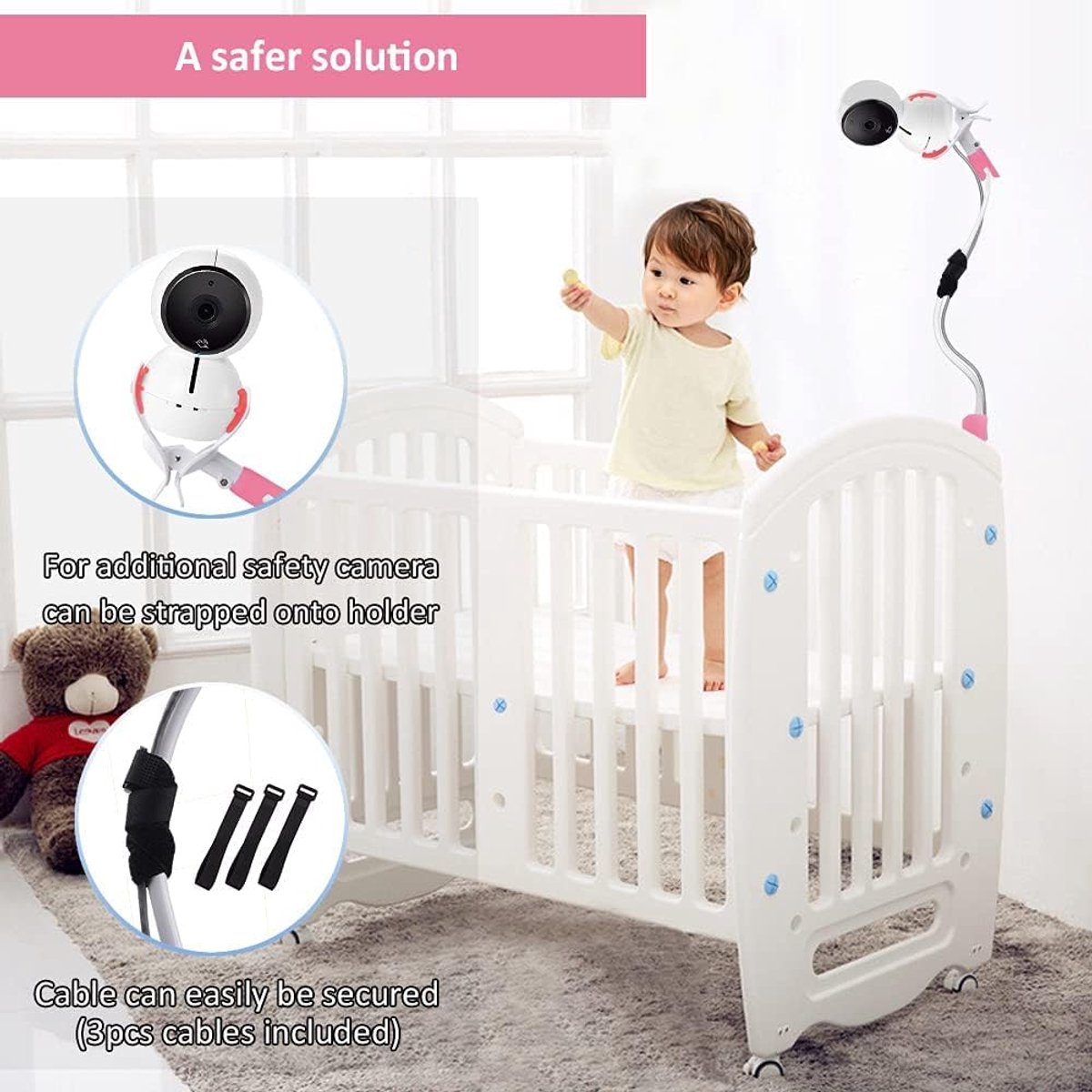 Babyfoon Camera Mount, Camera Holder, Baby Monitor Mount with 3 Straps, No Drilling Required, Flexible and Adjustable, Universal Baby Monitor Mount, Compatible with Most Baby Monitors (Pink) - Image 6