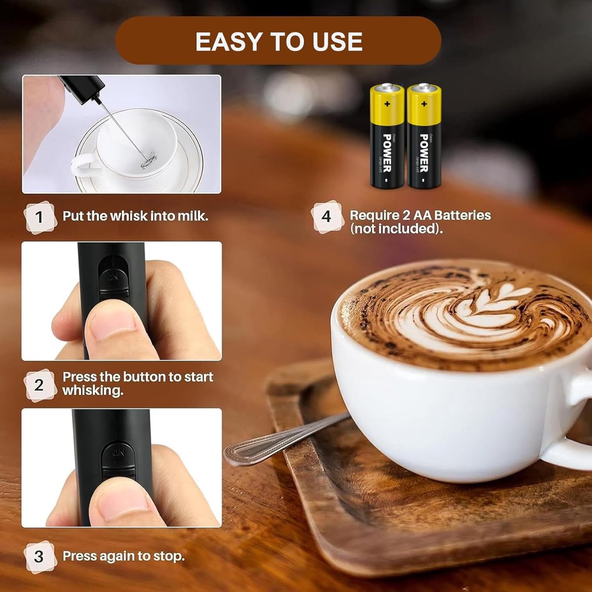 Milk Frother - Milk Frothers - Manual Milk Frother - Electric Milk Frother - Functional Electric Milk Frother - Portable Electric Milk Frother - With Whisk - For Coffee, Matcha, Latte and Cappuccino - Image 4