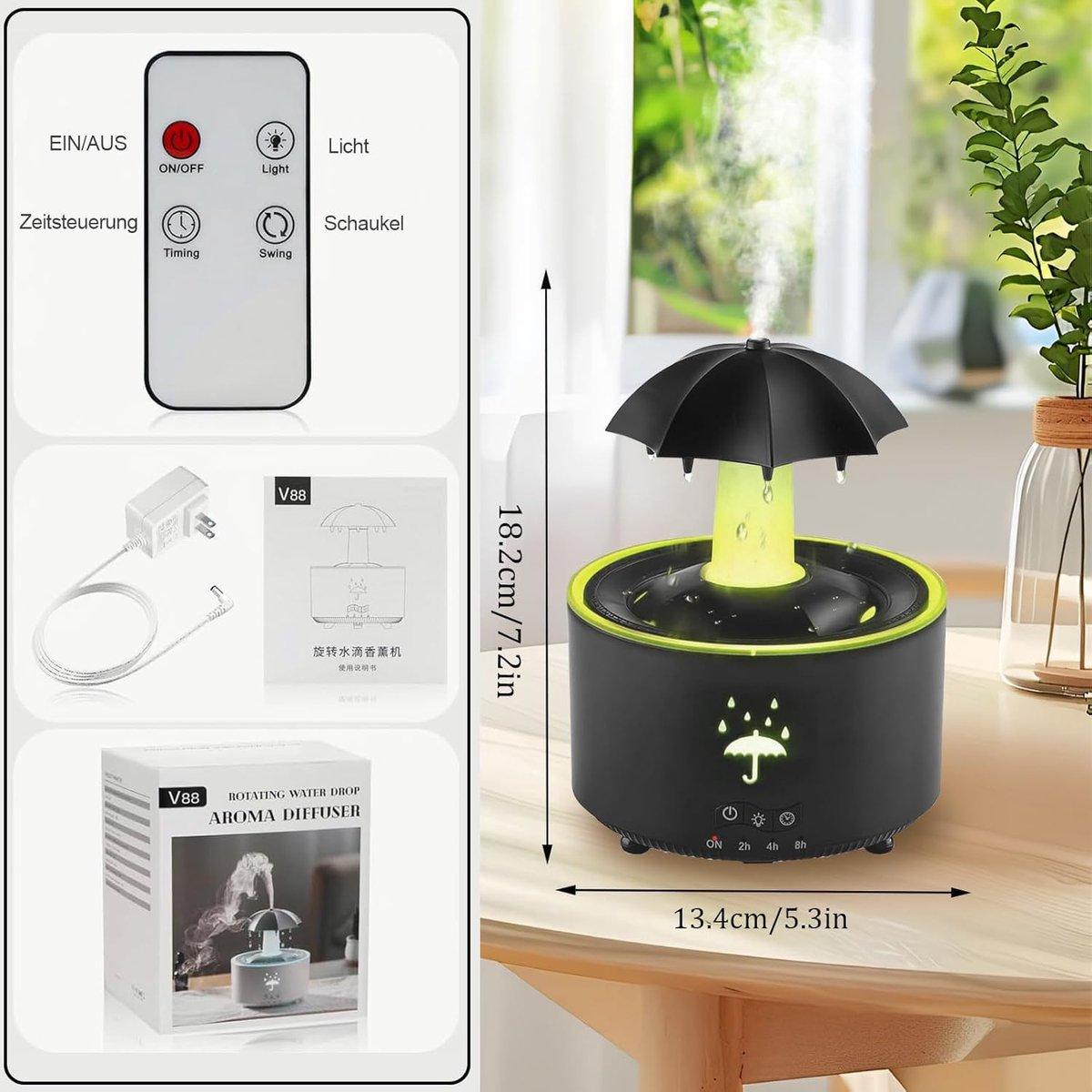 Aromatherapy Humidifier - Umbrella Humidifier - 300ml Rotating Humidifier for Bedroom with Remote Control and Timer - 7-Color LED - Humidifier for Living Room or Children's Room - Humidifiers (Black) - Image 5