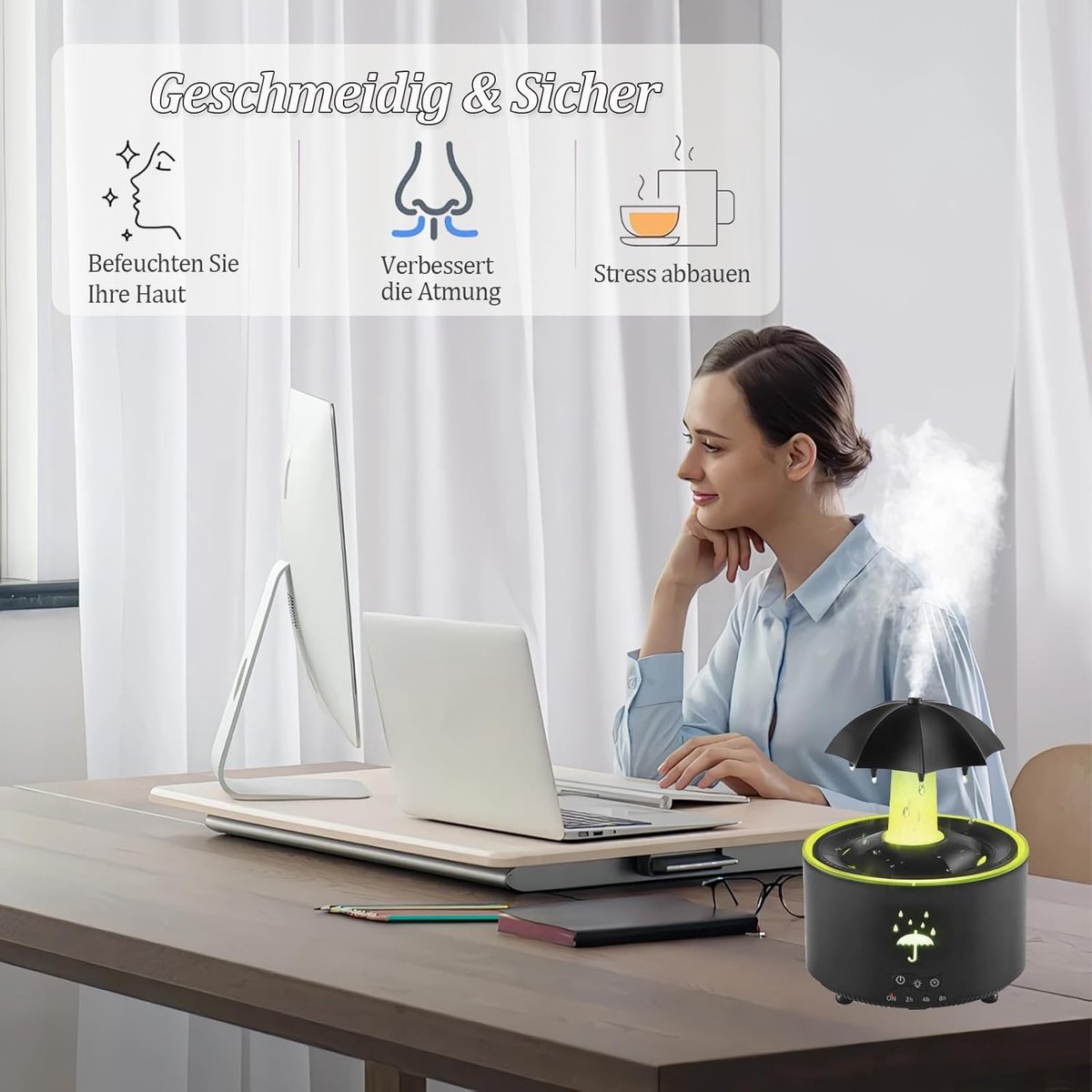 Aromatherapy Humidifier - Umbrella Humidifier - 300ml Rotating Humidifier for Bedroom with Remote Control and Timer - 7-Color LED - Humidifier for Living Room or Children's Room - Humidifiers (Black) - Image 6
