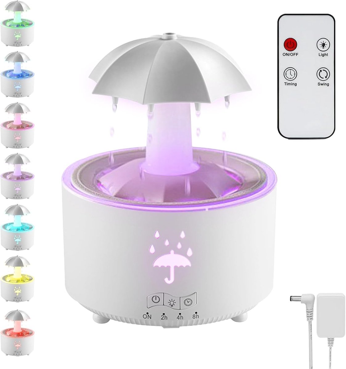 Aromatherapy Humidifier - Umbrella Humidifier - 300ml Rotating Humidifier for Bedroom with Remote Control and Timer - 7-Color LED Humidifier for Living Room or Children's Room - Humidifiers (White) - Image 1