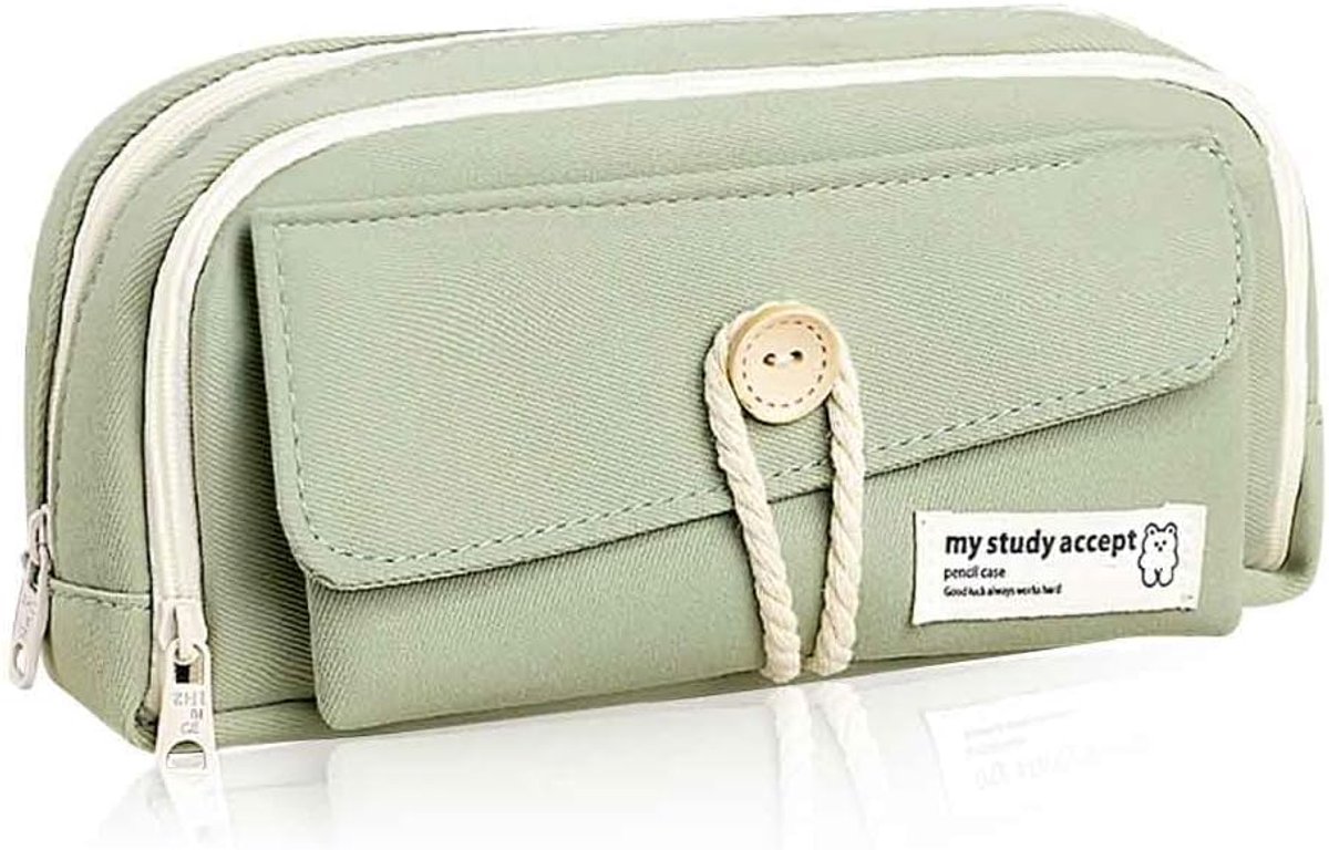 Expandable pencil case with 3 large compartments for girls, boys and students (light green), green, [light green, canvas] - Image 1