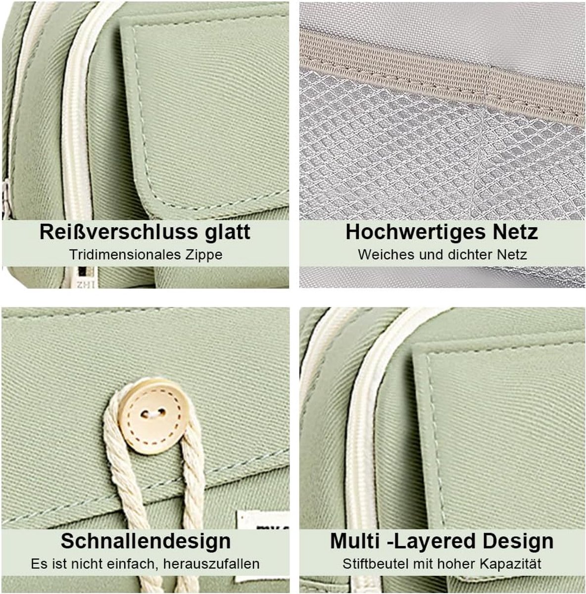 Expandable pencil case with 3 large compartments for girls, boys and students (light green), green, [light green, canvas] - Image 5