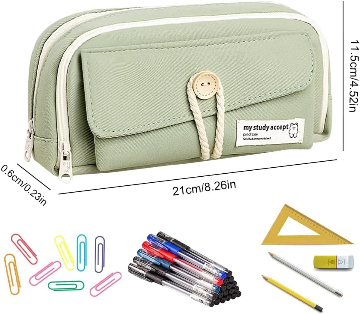 Expandable pencil case with 3 large compartments for girls, boys and students (light green), green, [light green, canvas] - Image 7