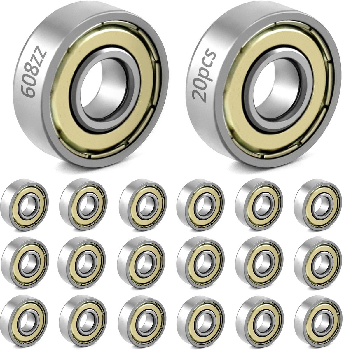 20 608zz ball bearings - Miniature deep groove ball bearings, double metal shielding - For skateboards, scooters, inline skates, 8 mm x 22 mm x 7 mm - Image 1