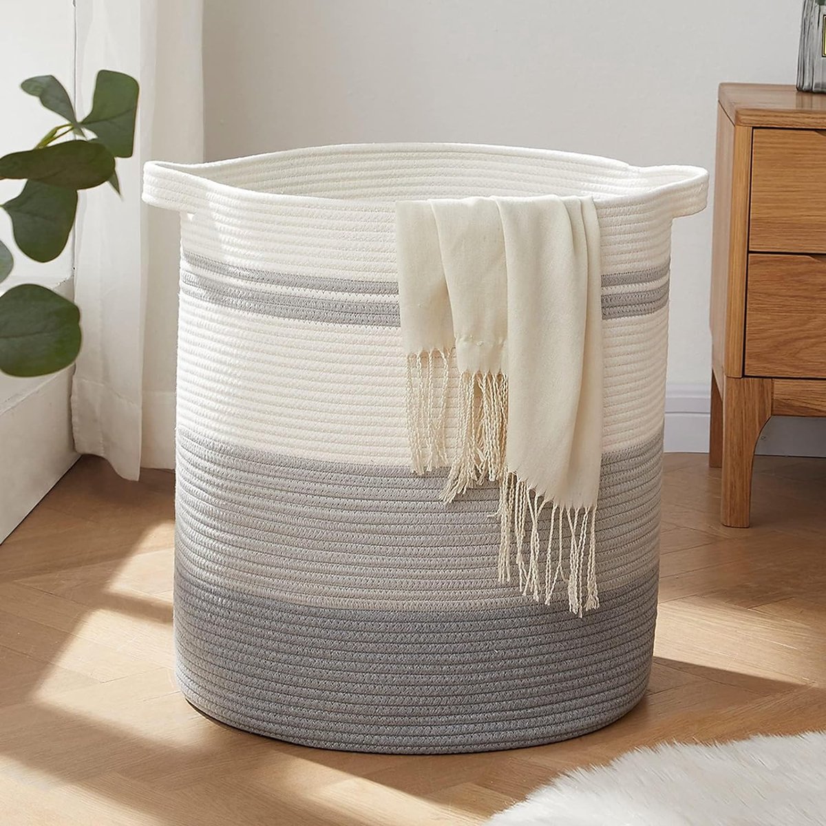 Laundry basket with handles, decorative basket for living room, woven storage basket for toys, cushions, blankets, clothes (gradient grey, 45 x 50 cm) - Image 1
