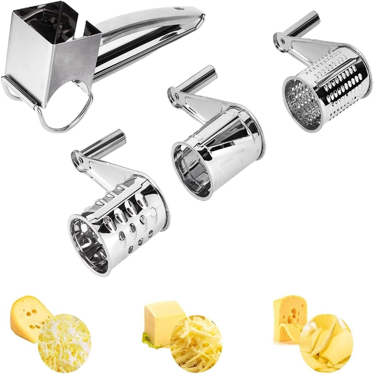 Cheese Grater - Stainless Steel Drum Grater - Hard Cheese Grinder - Efficient and Durable - Dishwasher Safe - Includes 3 Cutting Blades - Suitable for Chocolate and Nuts - Silver - 1 Piece - Image 1