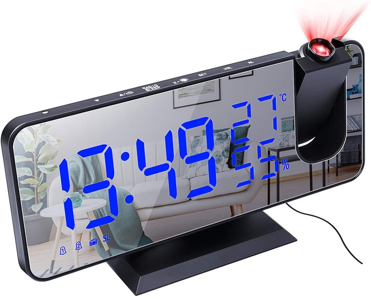 Radio Wekker digital projection with 4 dimmers and 180° rotation - 2 sounds - Groot 7.4'' mirror screen Black-Blue - Image 1