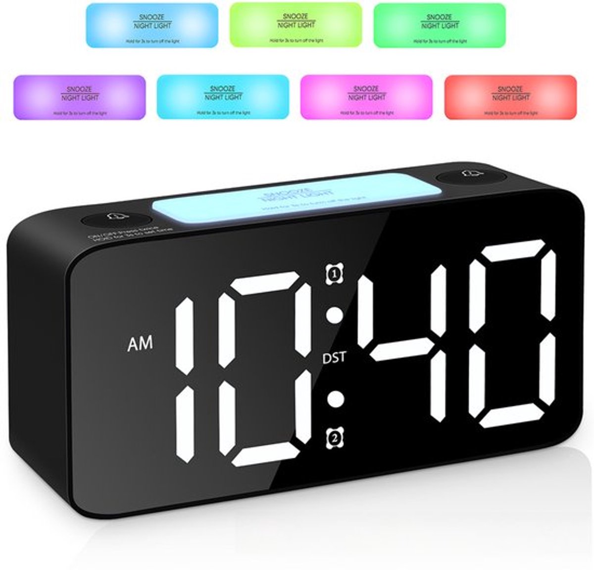 Digital Night Light - Extra Powerful - 7-Color Night Light - Ideal for Heavy Sleepers - Adjustable Volume and USB Charging - Place on the Bedside Table - Black - Image 1