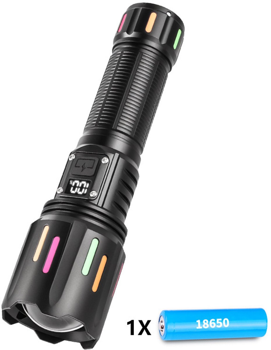 High power white laser LED flashlight, waterproof, rechargeable, Type-C, zoom function - including 18650 battery. - Image 1