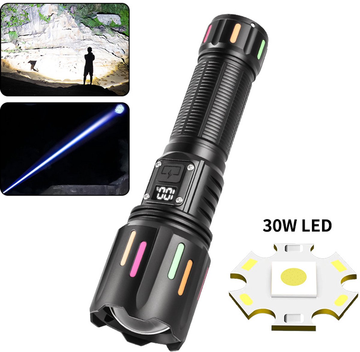 High power white laser LED flashlight, rechargeable zoom waterproof Type-C flashlight for outdoor use - batteries not included. - Image 1