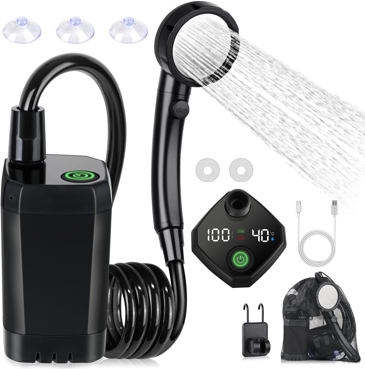 Portable Camping Shower - 6000mAh Rechargeable Shower Pump - With Smart LED Display - 4 Spray Modes - IPX7 Waterproof Outdoor Shower - For Hiking, Travel, Car, Pets - Black - Image 1
