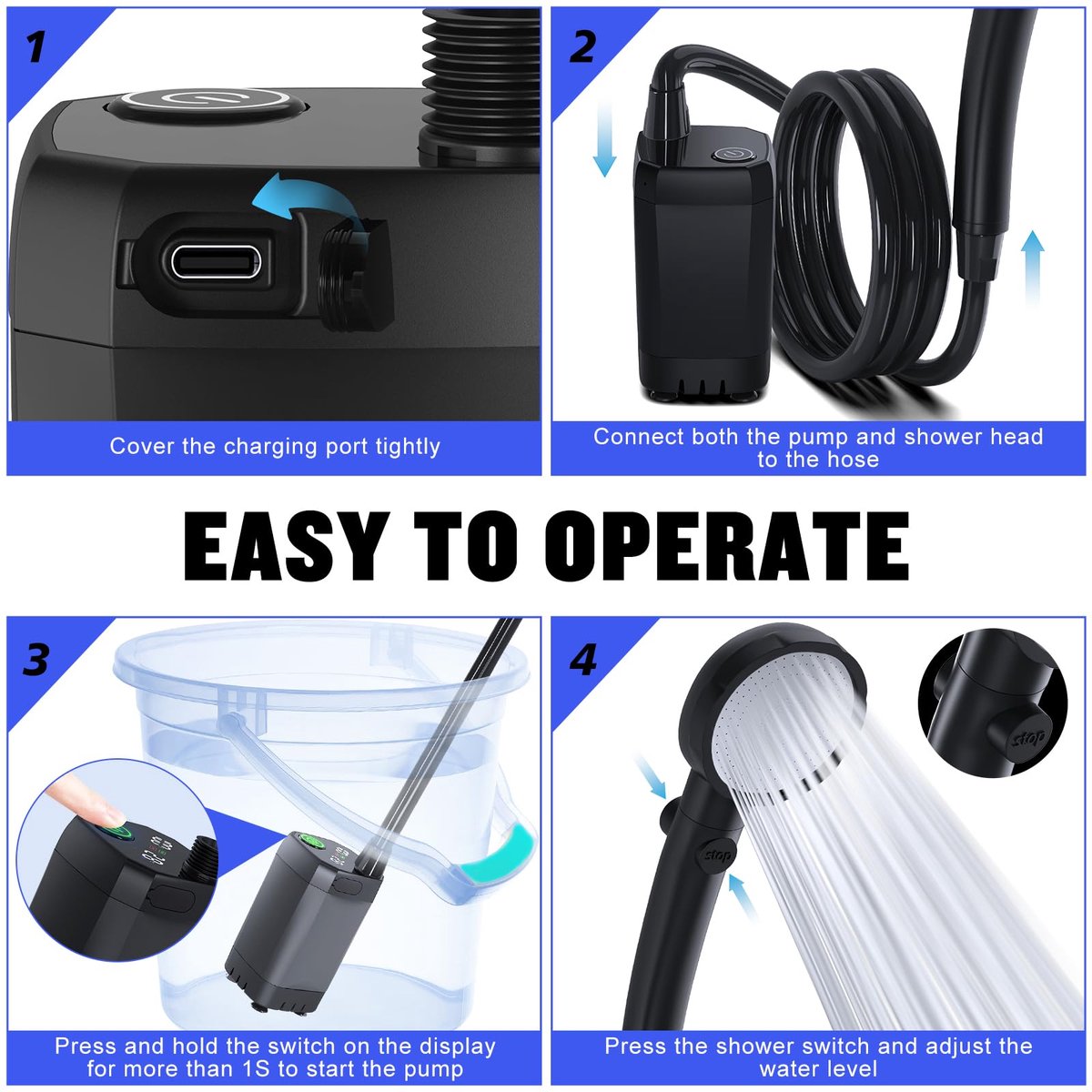 Portable Camping Shower - 6000mAh Rechargeable Shower Pump - With Smart LED Display - 4 Spray Modes - IPX7 Waterproof Outdoor Shower - For Hiking, Travel, Car, Pets - Black - Image 6