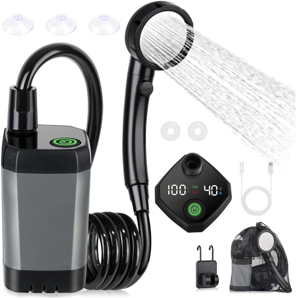 Portable Camping Shower - 6000mAh Rechargeable Shower Pump - With Smart LED Display - 4 Spray Modes - IPX7 Waterproof Outdoor Shower - For Hiking, Travel, Car, Pets - Gray - Image 1