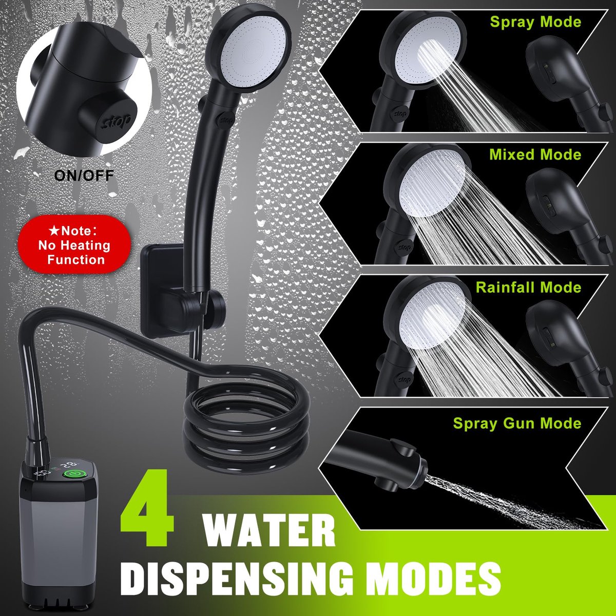 Portable Camping Shower - 6000mAh Rechargeable Shower Pump - With Smart LED Display - 4 Spray Modes - IPX7 Waterproof Outdoor Shower - For Hiking, Travel, Car, Pets - Gray - Image 2