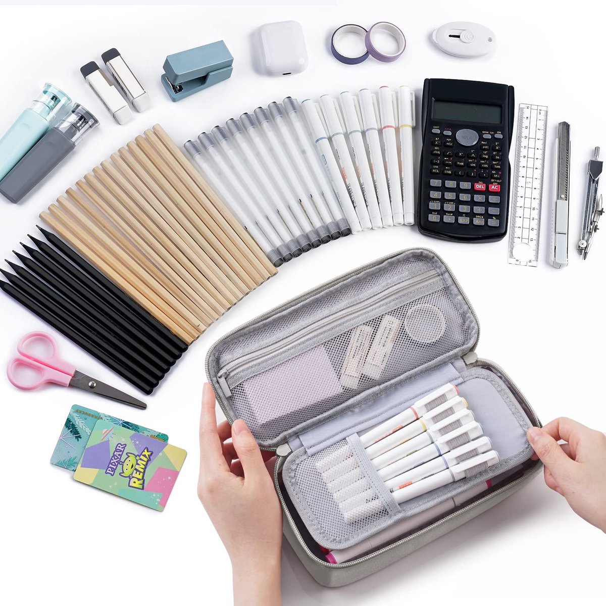 Large capacity pencil case, storage case, high-value, large capacity pencil case, stationery storage, makeup bag, office supplies, gray - Image 1