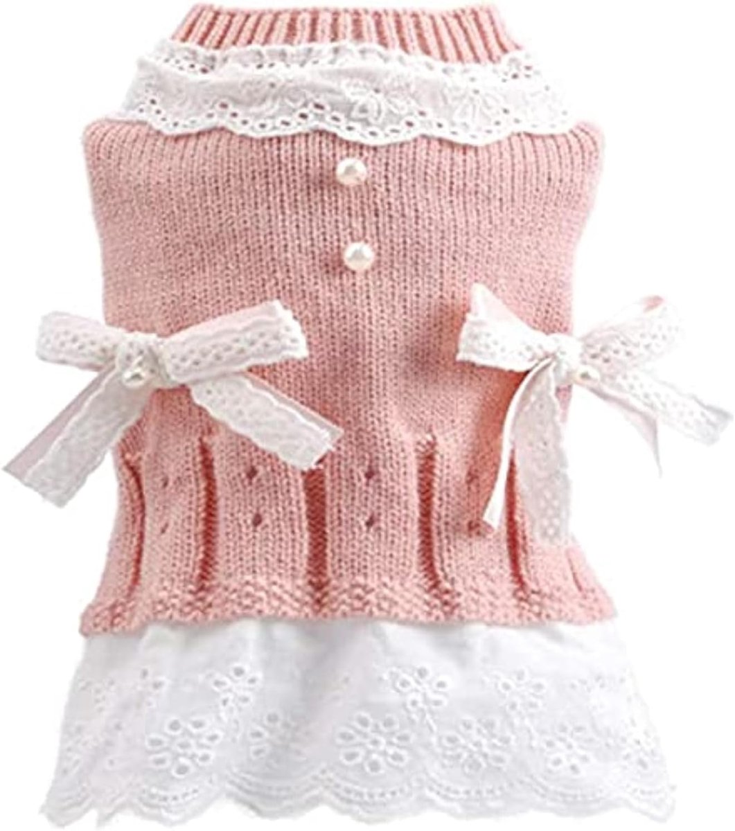 Dog Coat - Dog Sweater - Sweater Dress for Small Dogs - Female Dress with Bow - Pink and Blue Warm for Winter - Princess Lace - Birthdays - Valentine's Day - Pink Medium - Christmas Decorations - Christmas - Size XL - Image 1