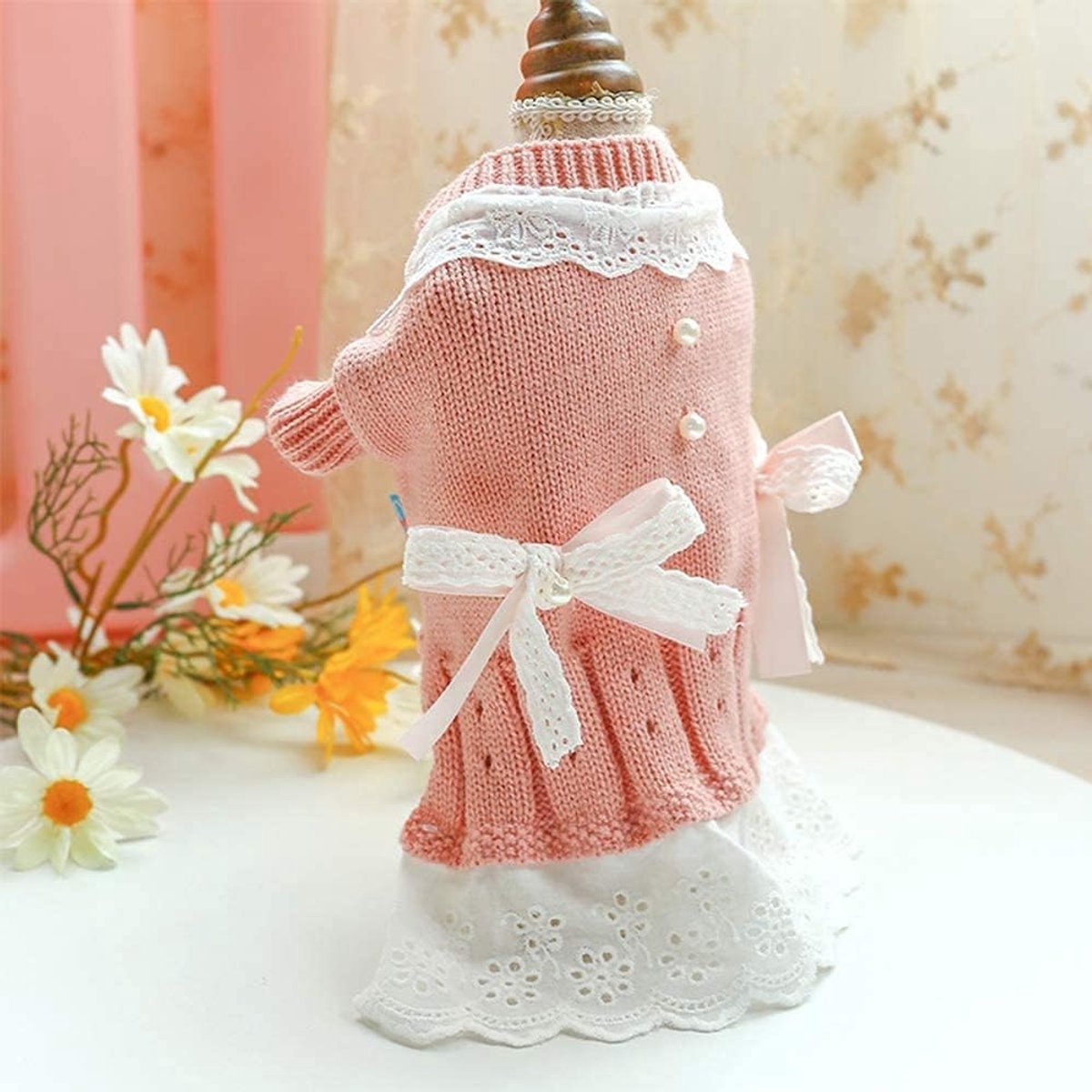 Dog Coat - Dog Sweater - Sweater Dress for Small Dogs - Female Dress with Bow - Pink and Blue Warm for Winter - Princess Lace - Birthdays - Valentine's Day - Pink Medium - Christmas Decorations - Christmas - Size XL - Image 4