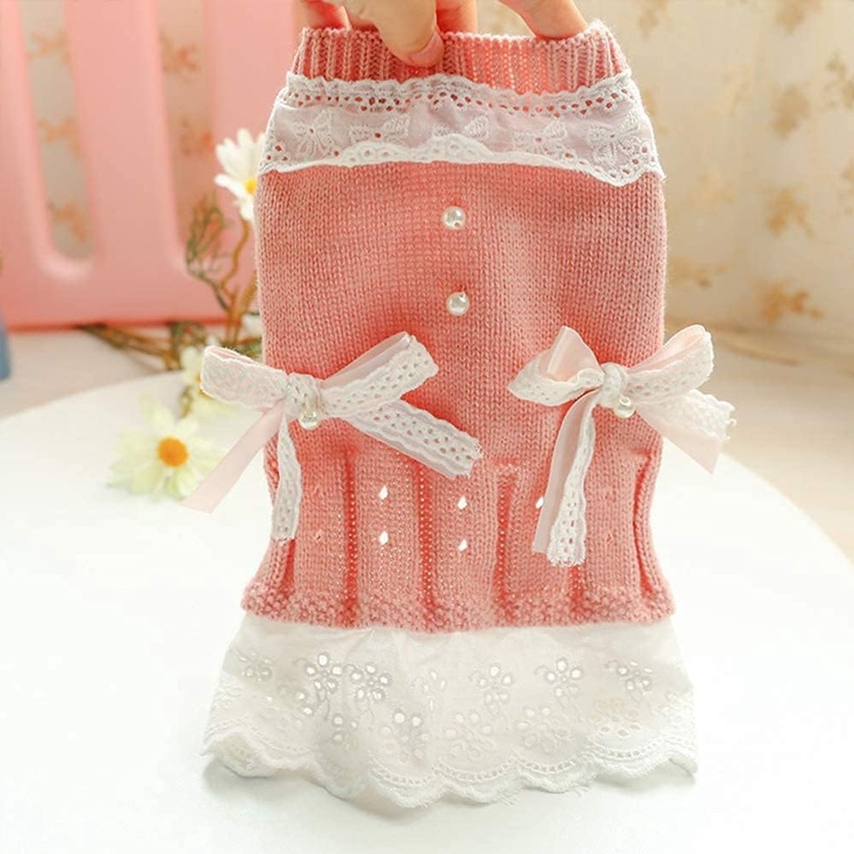 Dog Coat - Dog Sweater - Sweater Dress for Small Dogs - Female Dress with Bow - Pink and Blue Warm for Winter - Princess Lace - Birthdays - Valentine's Day - Pink Medium - Christmas Decorations - Christmas - Size L - Image 4