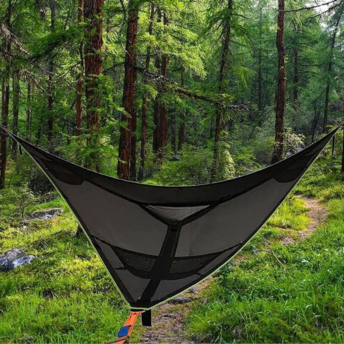 Portable triangular hammock for multiple people, outdoor camping aerial hammock, 3-point design for 2-3 people for travel, garden, camping, black, 400 x 400 x 400 cm - Image 1