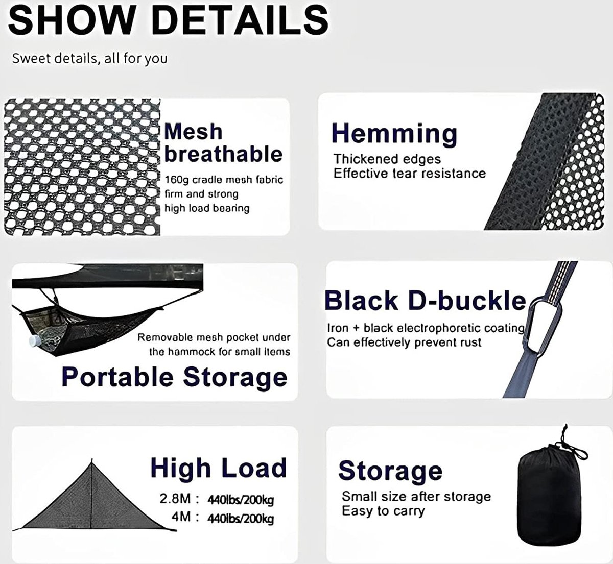 Portable triangular hammock for multiple people, outdoor camping aerial hammock, 3-point design for 2-3 people for travel, garden, camping, black, 400 x 400 x 400 cm - Image 4