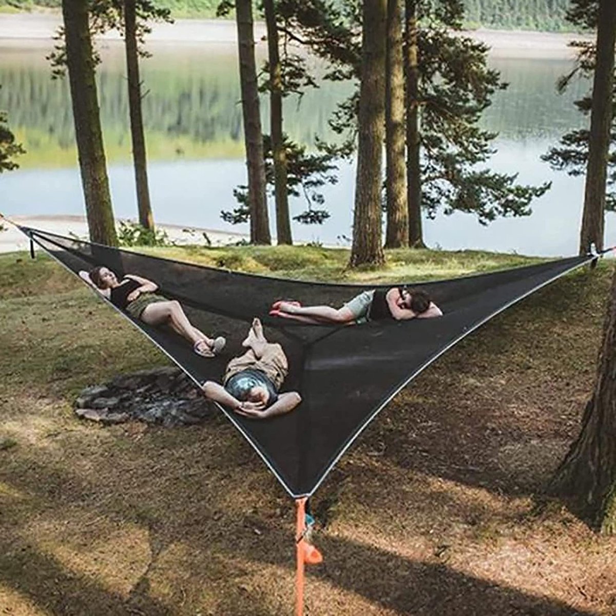 Portable triangular hammock for multiple people, outdoor camping aerial hammock, 3-point design for 2-3 people for travel, garden, camping, black, 400 x 400 x 400 cm - Image 8