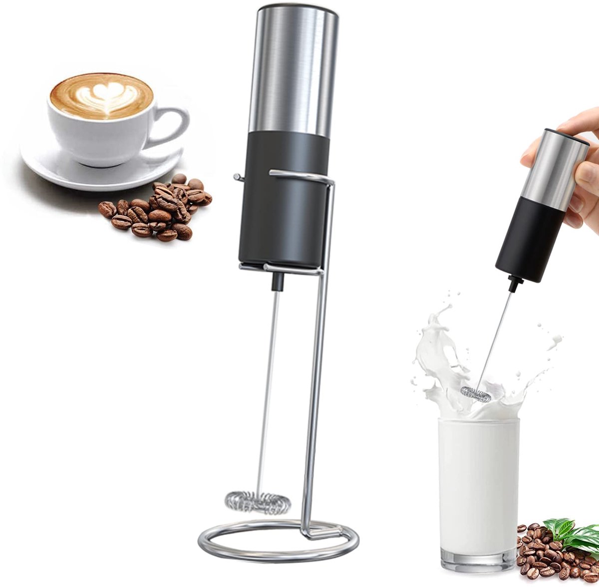 Electric milk frother - Manual milk frother - Mini milk mixer - With stand - No plug - Convenient for camping - Black - Image 1