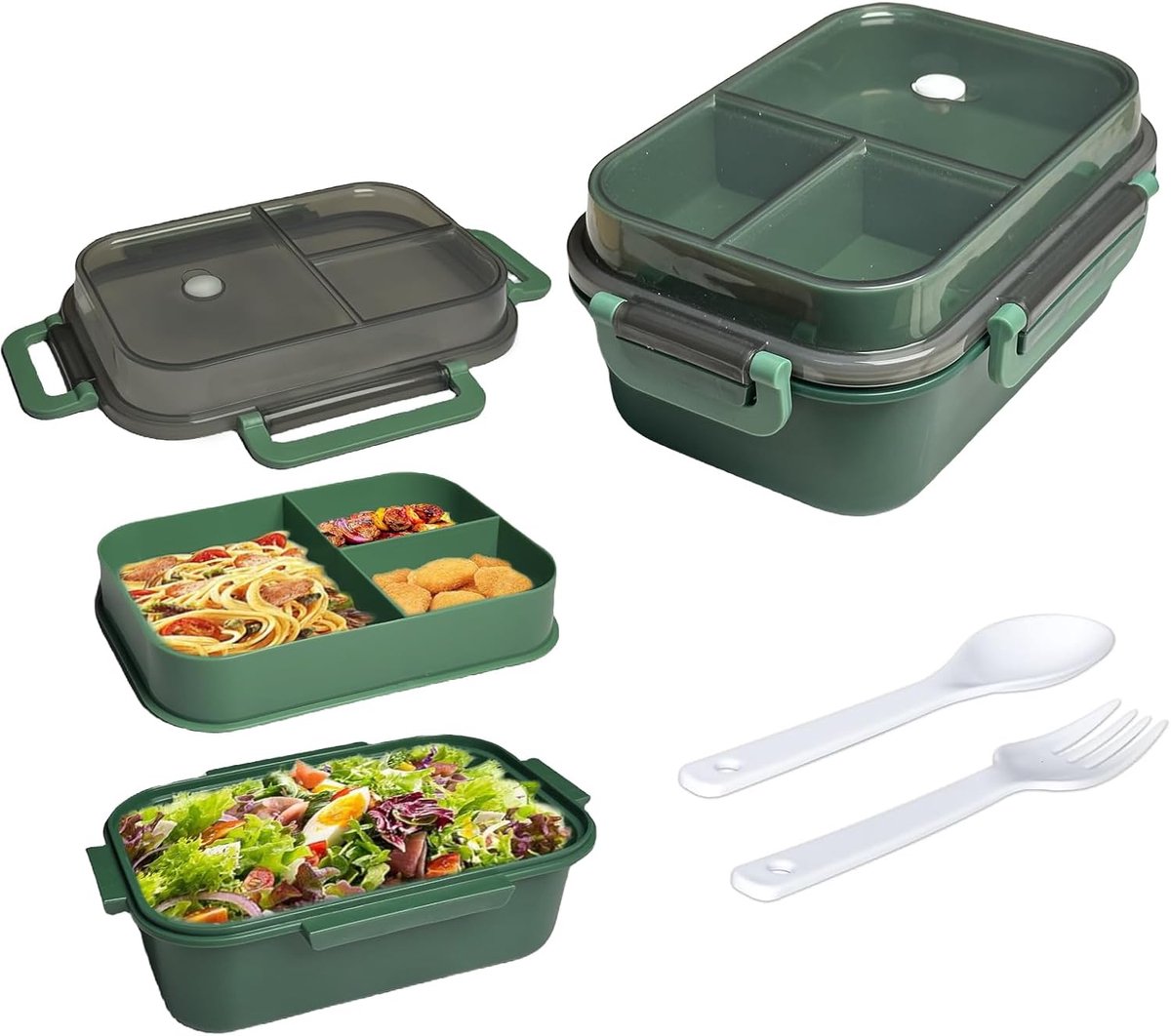 Lunch box - Adult lunch box - Salad lunch box - Compartmentalized lunch box - Integrated 2-layer lunch box - Leakproof lunch box - With cutlery - For work - School - Picnic (vegetables) - Image 1